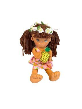 Aloha Hawaiian Girl Plush Doll w Pineapple - 14" Ragdoll Pink Dress
